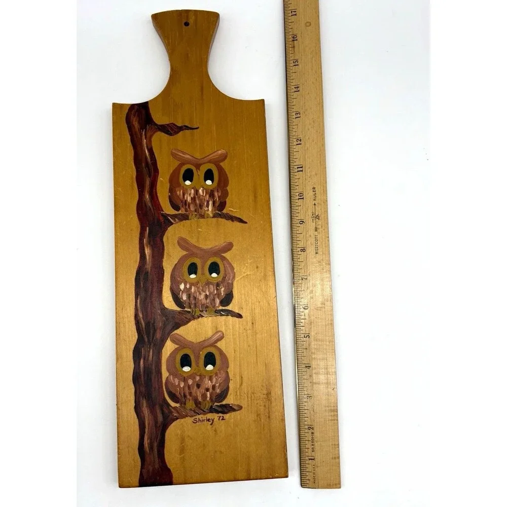 Vintage Hand-Painted Owl Wood Bread Board Cutting Board 24in Hanging Hole